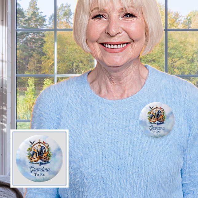 Badge Rond 5 Cm Noah's Ark Cute Animaux Blue Boy Grandma to Be (Grandma to Be Noah's Ark Cute Animals Blue Boy Baby Shower Pinback Button)