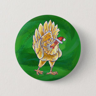 Badge Rond 5 Cm Noël au poulet sur fond vert