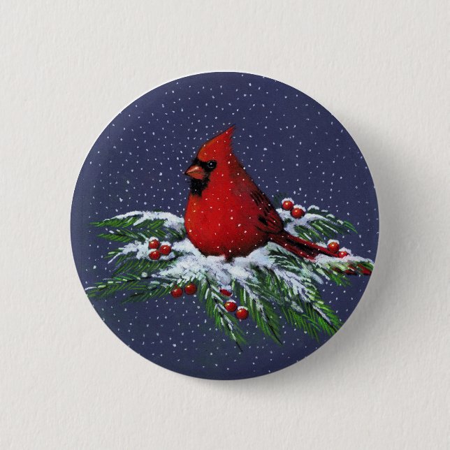 BADGE ROND 5 CM NOËL : CARDINAL : OISEAU : ART (Devant)