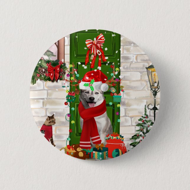 Badge Rond 5 Cm Noël de Chien Husky Sibérien (Devant)