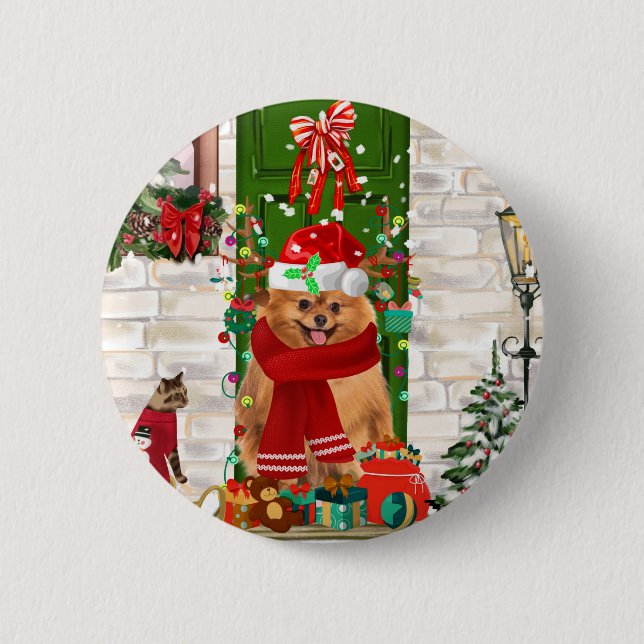 Badge Rond 5 Cm Noël du chien de Poméranie (Devant)