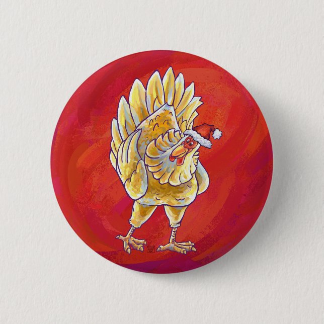 Badge Rond 5 Cm Noël Du Poulet Sur Rouge (Devant)