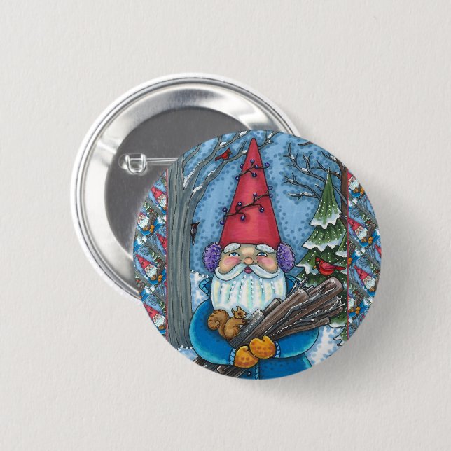 BADGE ROND 5 CM NOËL GNOME, SQUIRREL, WOODPECKER & CARDINAL (Devant & derrière)