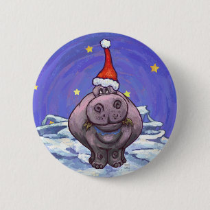 Badge Rond 5 Cm Noël Hippopotame
