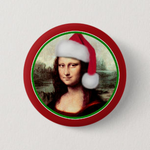 Badge Rond 5 Cm Noël Mona Lisa avec chapeau de Santa