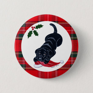 Badge Rond 5 Cm Noël noir de chiot de Labrador et de casquette de