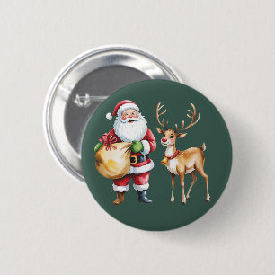 Badge Rond 5 Cm Noël Rétro Xmas Renne Vintage Fêtes