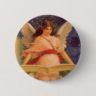Badge Rond 5 Cm Noël Vintage, Ange Victorien Lecture Bible