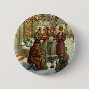 Badge Rond 5 Cm Noël Vintage, Musiciens Victoriens En Carolage