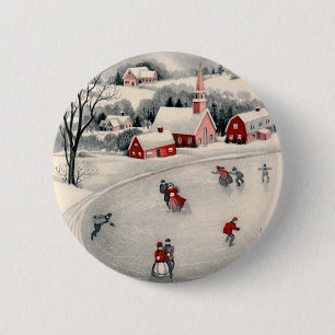 Badge Rond 5 Cm Noël Vintage, Patins Victoriens sur Pond