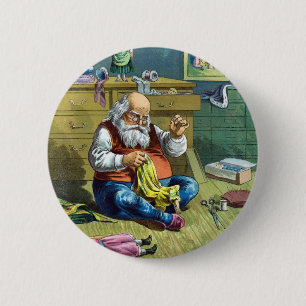 Badge Rond 5 Cm Noël Vintage, Père Noël Fabriquant Des Poupées De 