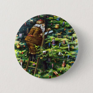 Badge Rond 5 Cm Noël vintage, Père Noël victorien avec arbre