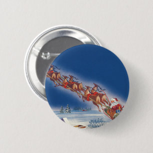 Badge Rond 5 Cm Noël vintage, Père Noël volant avec son traîneau e
