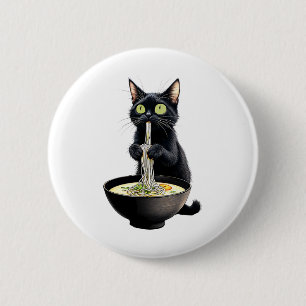 Badge Rond 5 Cm Noir Chat Manger Ramen nouilles Japonais Nourritur