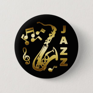 BADGE ROND 5 CM NOIR ET JAZZ D'OR