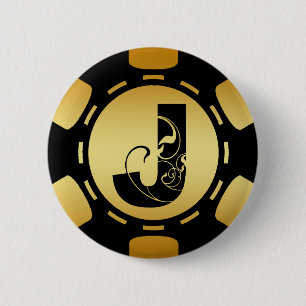 BADGE ROND 5 CM NOIR ET JETON DE POKER DE LA LETTRE J DE
