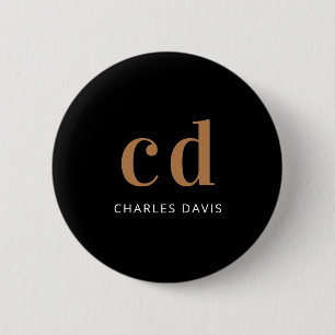 Badge Rond 5 Cm Noir or monogramme initiales nom minimaliste