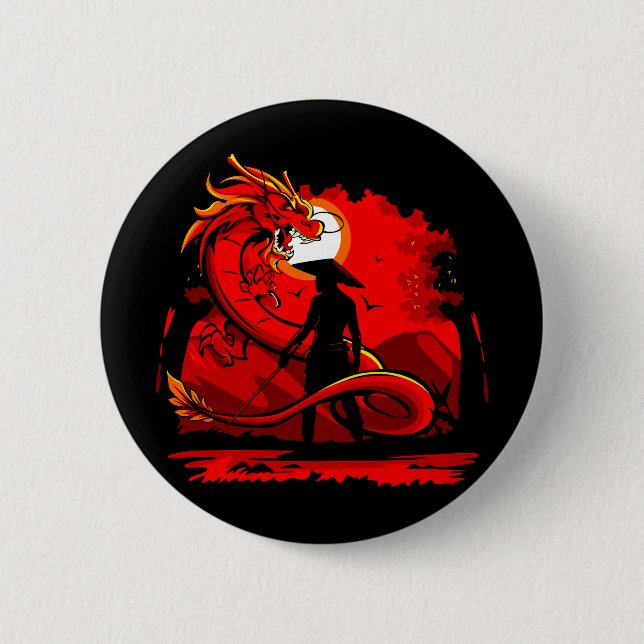 Badge Rond 5 Cm Noir Samurai Dragon Rouge Style japonais | (Devant)