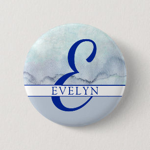 Badge Rond 5 Cm Nom Aquarelle bleu monogramme