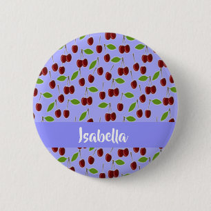 Badge Rond 5 Cm Nom personnalisé cerises motif bleu