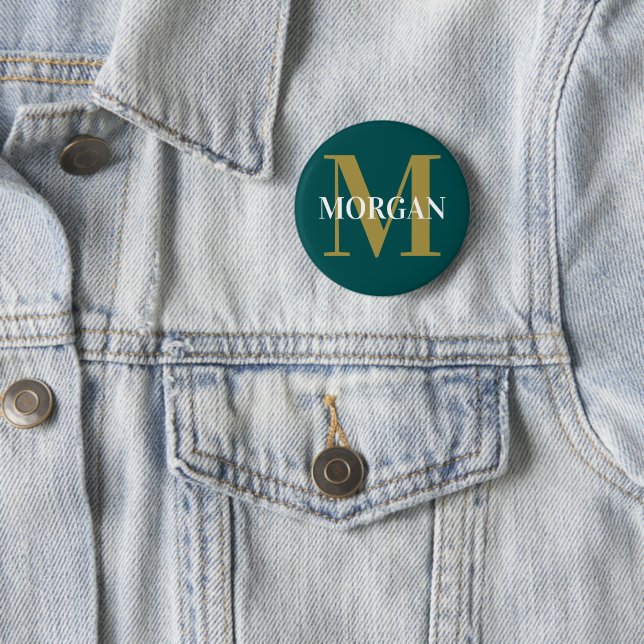 Badge Rond 5 Cm Nom personnalisé Monogram Dark Turquoise (En situation)
