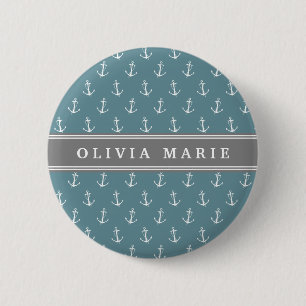 Badge Rond 5 Cm Nom personnalisé Motif Ancre bleu