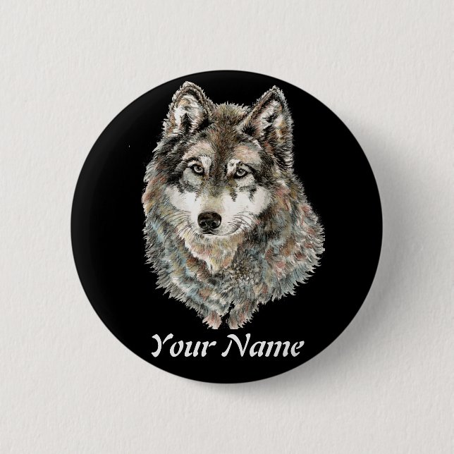 Badge Rond 5 Cm Nom personnalisé ou texte Loup aquarelle animal (Devant)