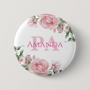 Badge Rond 5 Cm Nom personnalisé PA à fleurs roses