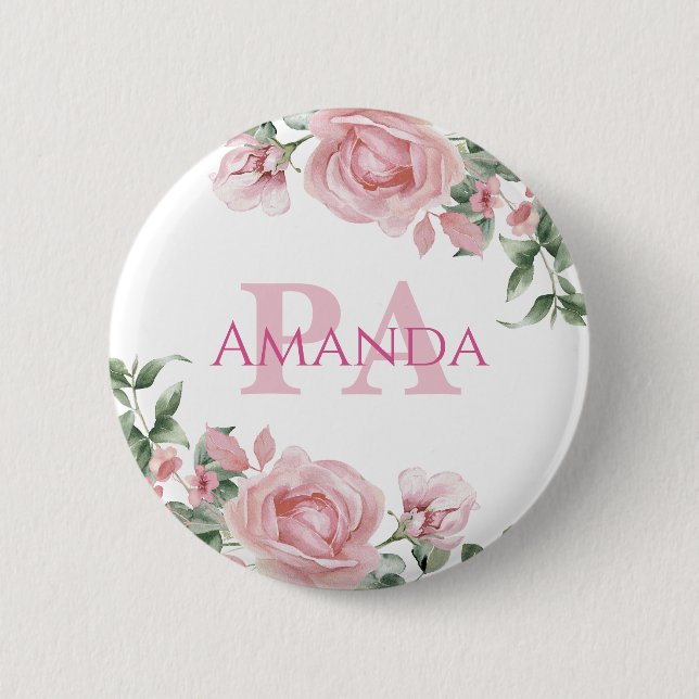 Badge Rond 5 Cm Nom personnalisé PA à fleurs roses (Devant)