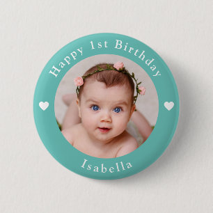 Badge Rond 5 Cm Nom Personnalisé, Photo Et Âge Anniversaire Turquo