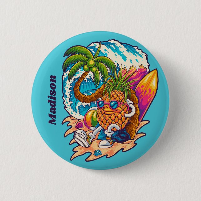 Badge Rond 5 Cm Nom personnalisé Surfing Pineapple (Devant)
