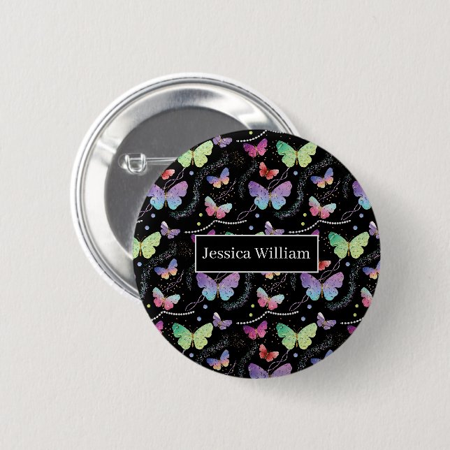 Badge Rond 5 Cm Nom personnel Élégant Papillons violets brillants (Devant & derrière)