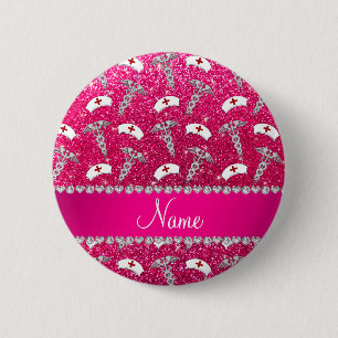 Badge Rond 5 Cm Nom rose rose parties scintillant infirmière casqu