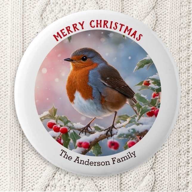Badge Rond 5 Cm Nostalgale hiver Robin Redmamie Joyeux Noël (A personalized Christmas button badge with a festive robin redbreast on a snowy branch)