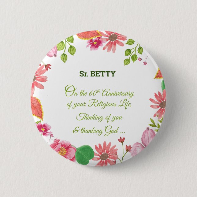 Badge Rond 5 Cm Nun Religious 60e Anniversaire Fleurs aquarelles (Devant)
