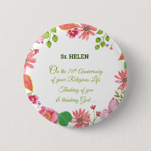 Badge Rond 5 Cm Nun Religious 70e Anniversaire Fleurs aquarelles