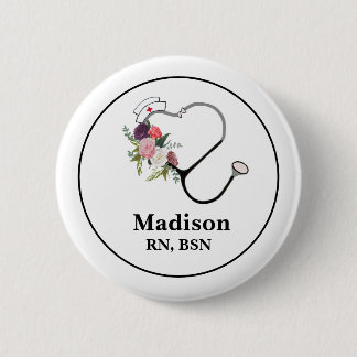 Badge Rond 5 Cm Nurse Stethoscope With Flowers Button