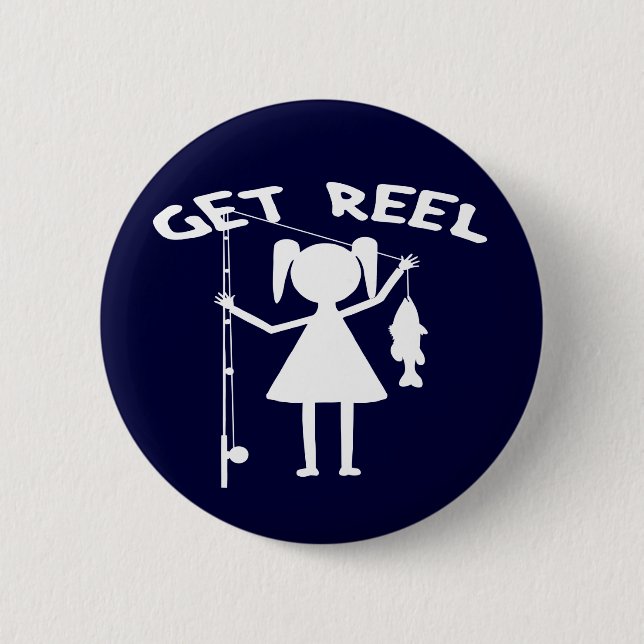 Badge Rond 5 Cm Obtenez la bobine - petites filles pêche (Devant)