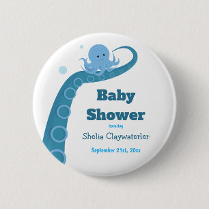 Badge Rond 5 Cm Octopus bleu   bouton Baby shower