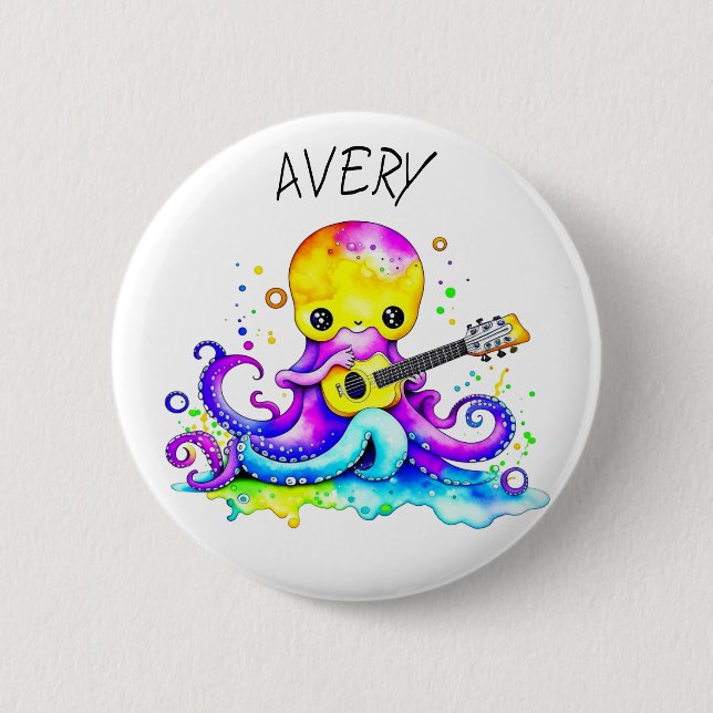 Badge Rond 5 Cm Octopus Personnalisé Jouer Guitare Psychédélique (Devant)