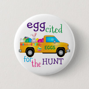 Badge Rond 5 Cm Oeuf cité pour la chasse Bouton Camion Bunny de Pâ