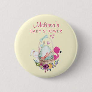 Badge Rond 5 Cm Oeuf mignon, Flamant rose rose et lapin, Aquarelle