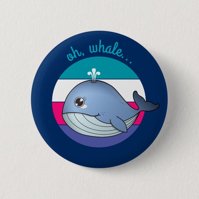 Badge Rond 5 Cm 'Oh, baleine...' mignonne baleine bleue (Devant)