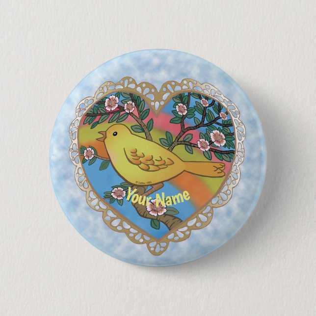 Badge Rond 5 Cm Oiseau de coeur jaune personnalisé (Devant)