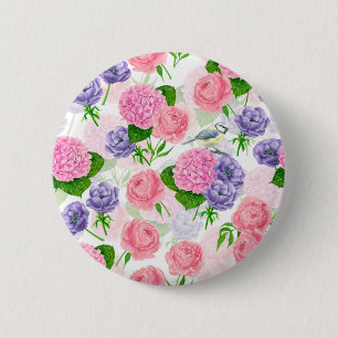Badge Rond 5 Cm Oiseau et fleurs