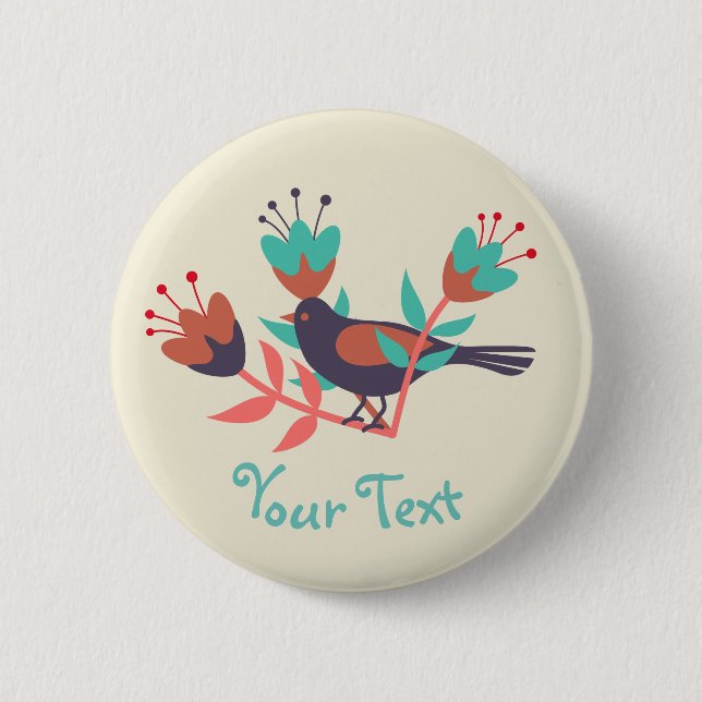 Badge Rond 5 Cm Oiseau et flore Art folklorique Texte personnalisé (Devant)