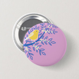 Badge Rond 5 Cm Oiseau jaune illustré sur un Arrière - plan rose