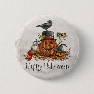 Badge Rond 5 Cm Oiseau noir d'Halloween et Citrouilles  Bouton