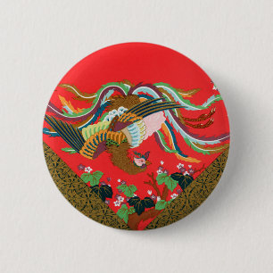 Badge Rond 5 Cm Oiseau Phoenix Rouge Japonais Vintage Art G.A. Aud