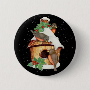 Badge Rond 5 Cm Oiseaux d'hiver et maison d'oiseaux